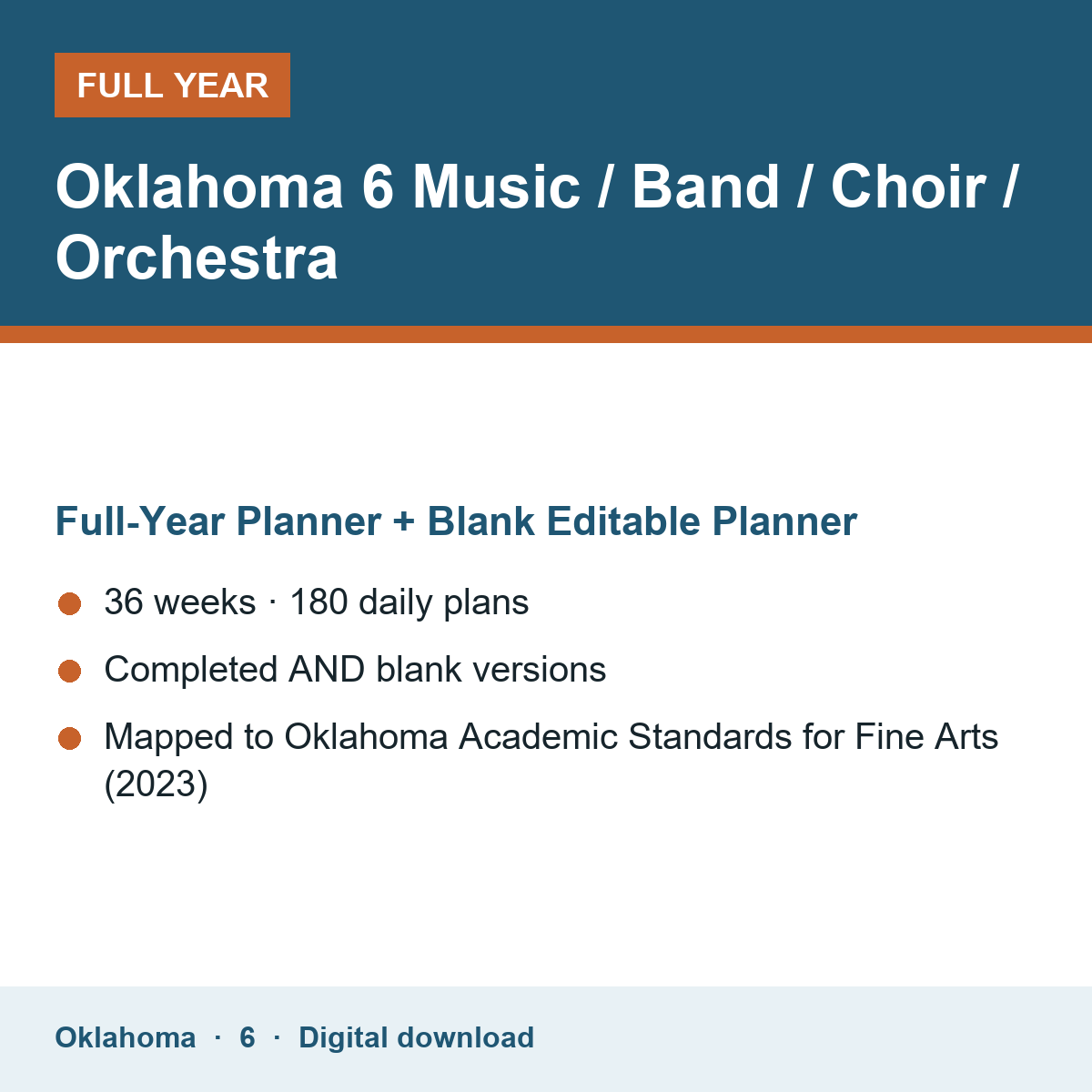 Cover of the Oklahoma Grade 6 Music / Band / Choir / Orchestra full-year teacher planner