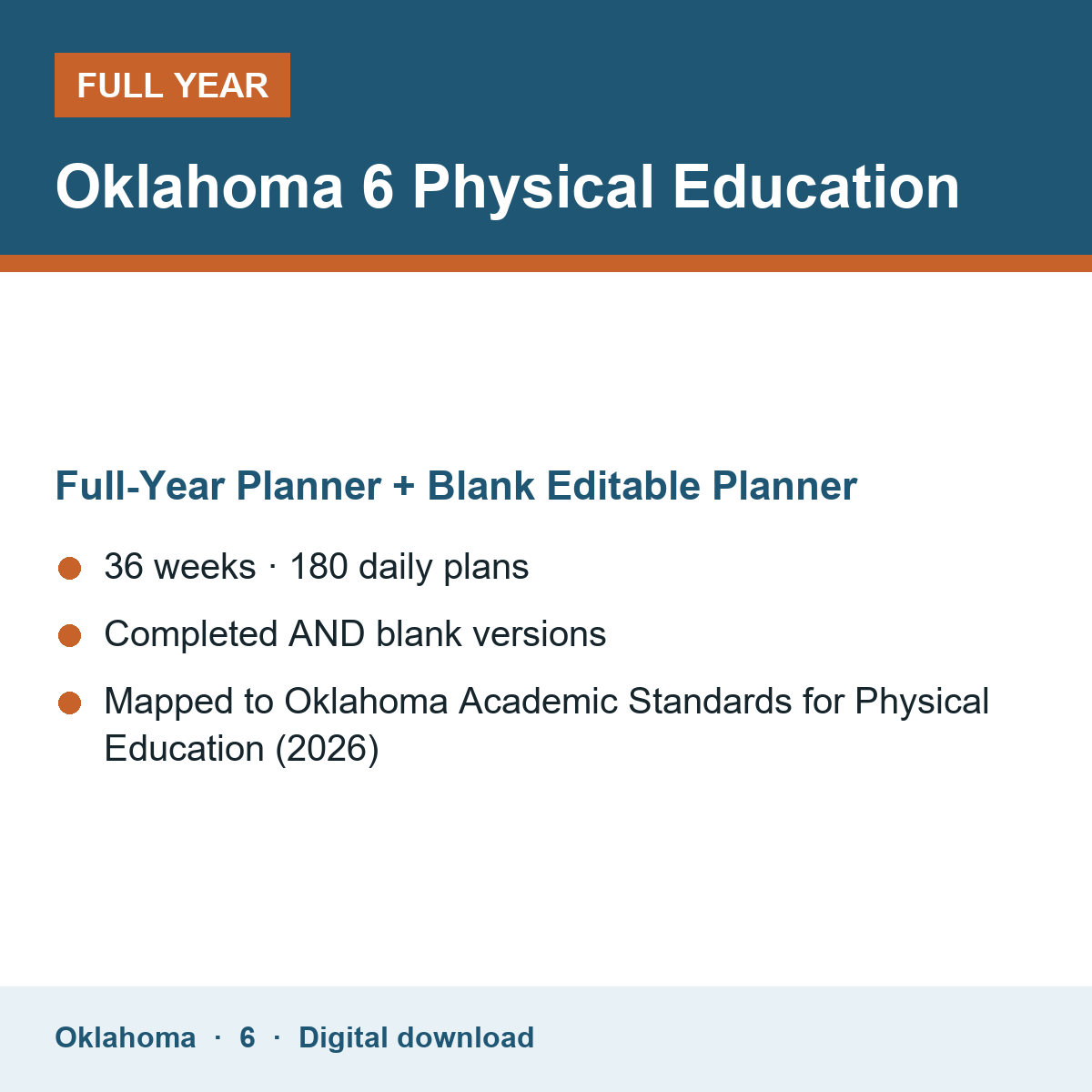 Cover of the Oklahoma Grade 6 Physical Education full-year teacher planner