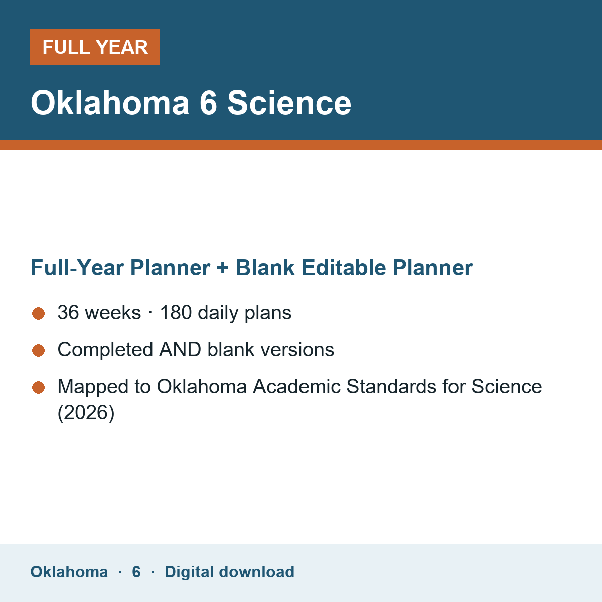 Cover of the Oklahoma Grade 6 Science full-year teacher planner