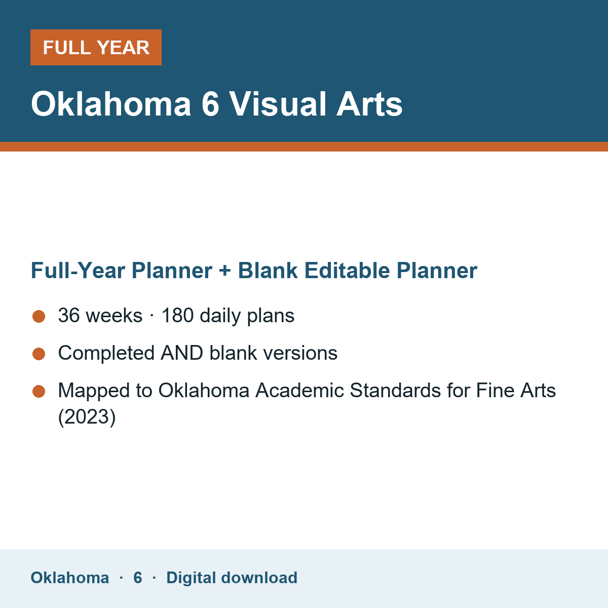 Cover of the Oklahoma Grade 6 Visual Arts full-year teacher planner