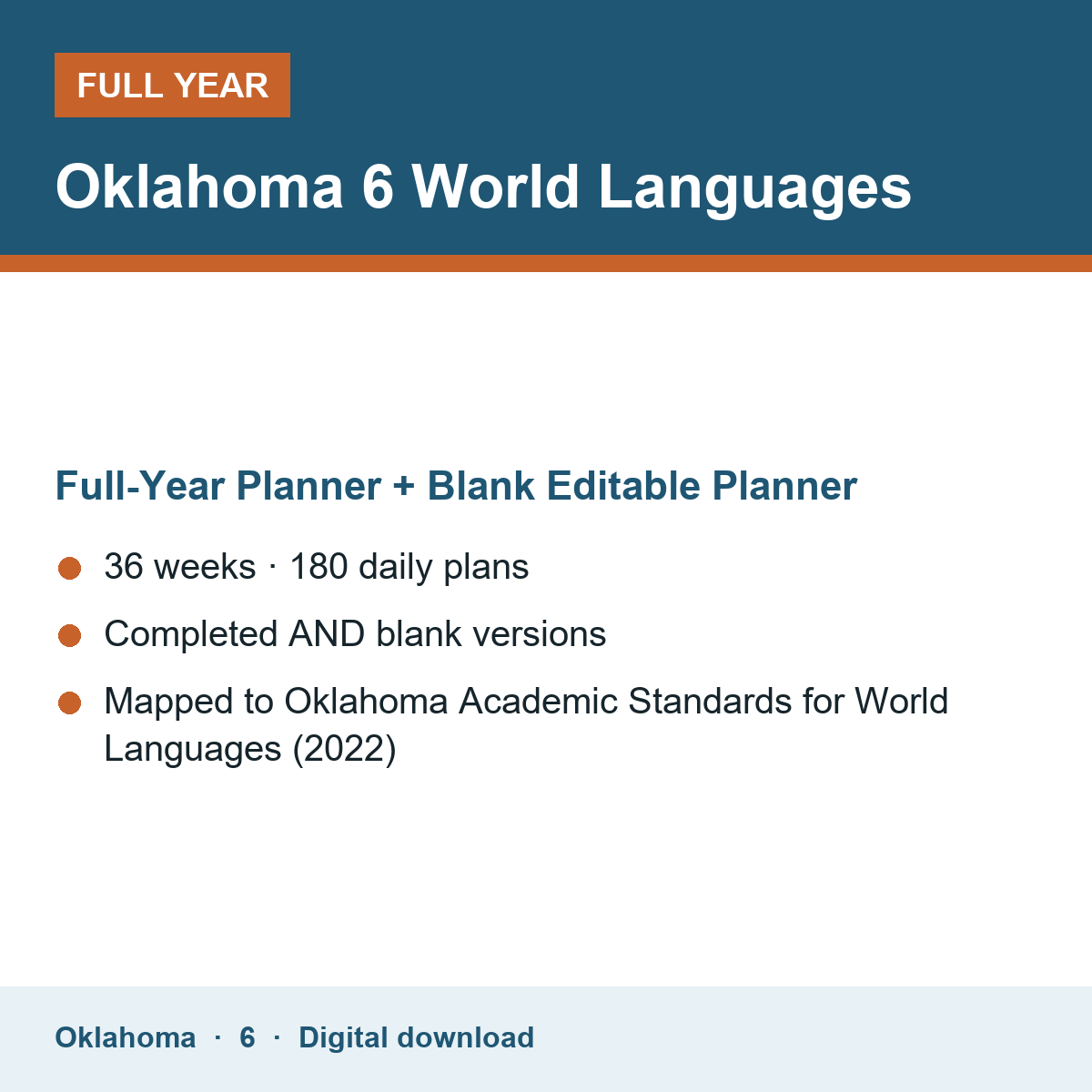 Cover of the Oklahoma Grade 6 World Languages full-year teacher planner