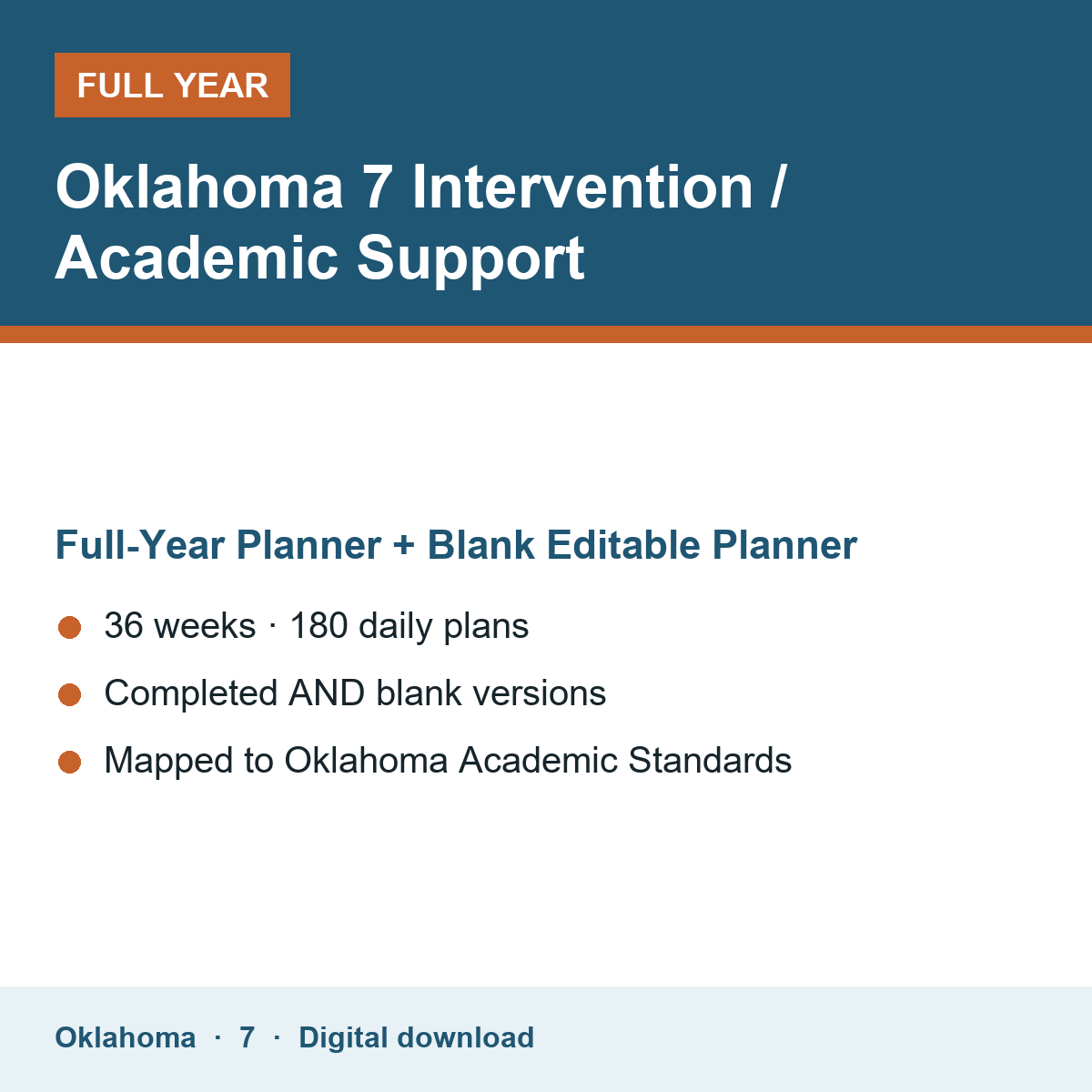 Cover of the Oklahoma Grade 7 Intervention / Academic Support full-year teacher planner