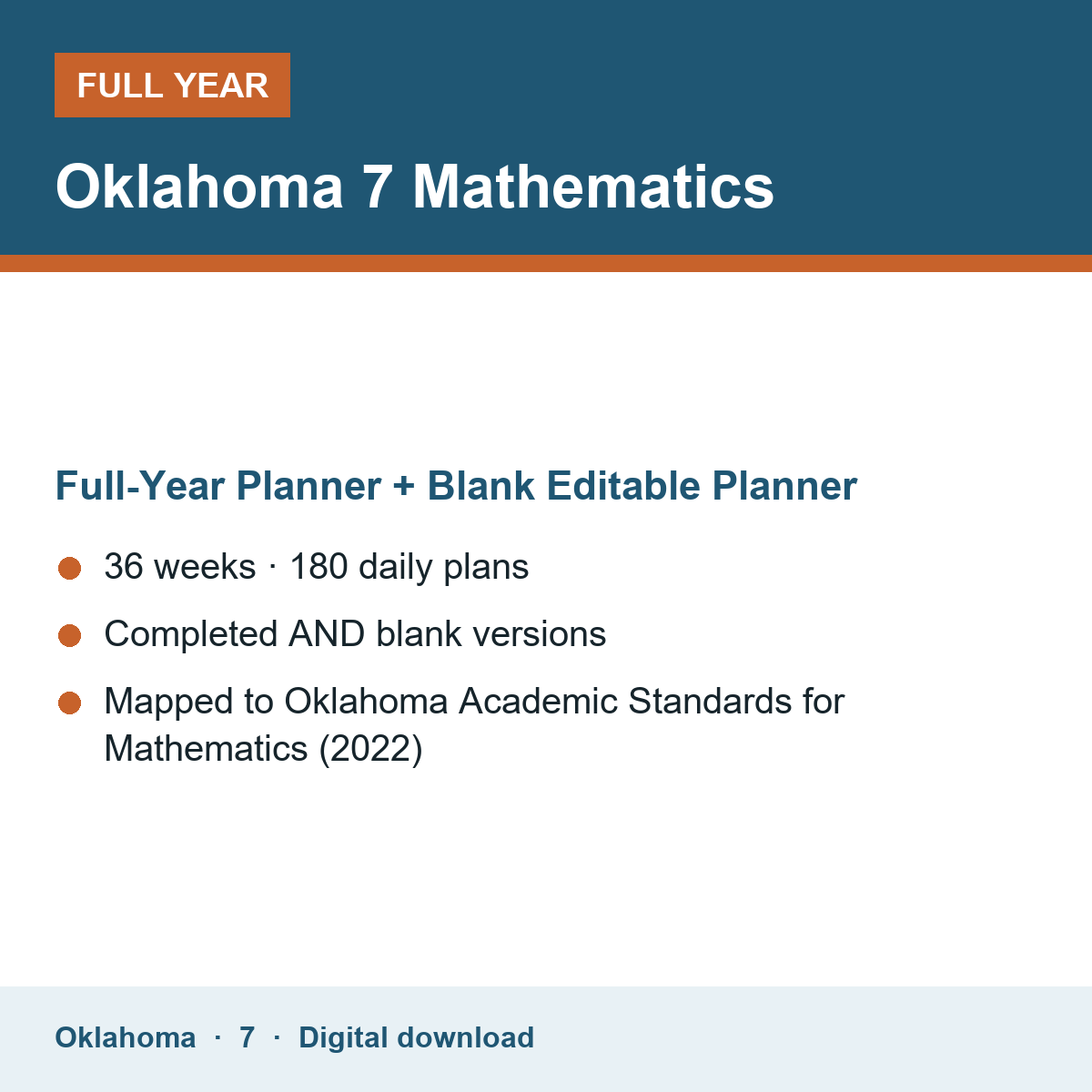 Cover of the Oklahoma Grade 7 Mathematics full-year teacher planner