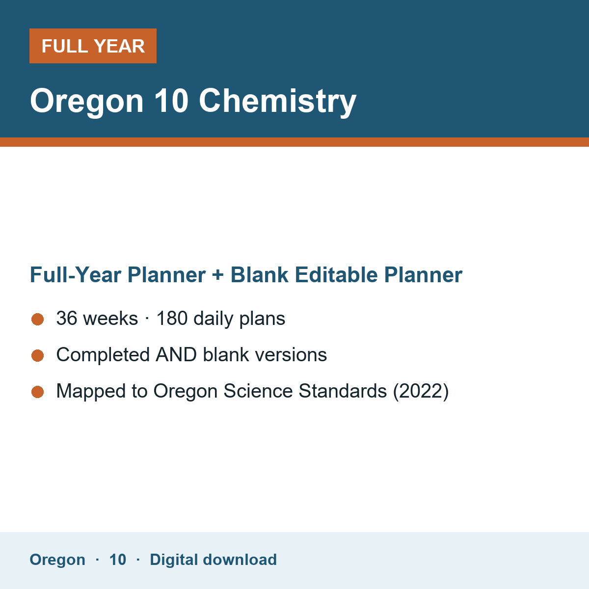 Cover of the Oregon Grade 10 Chemistry full-year teacher planner