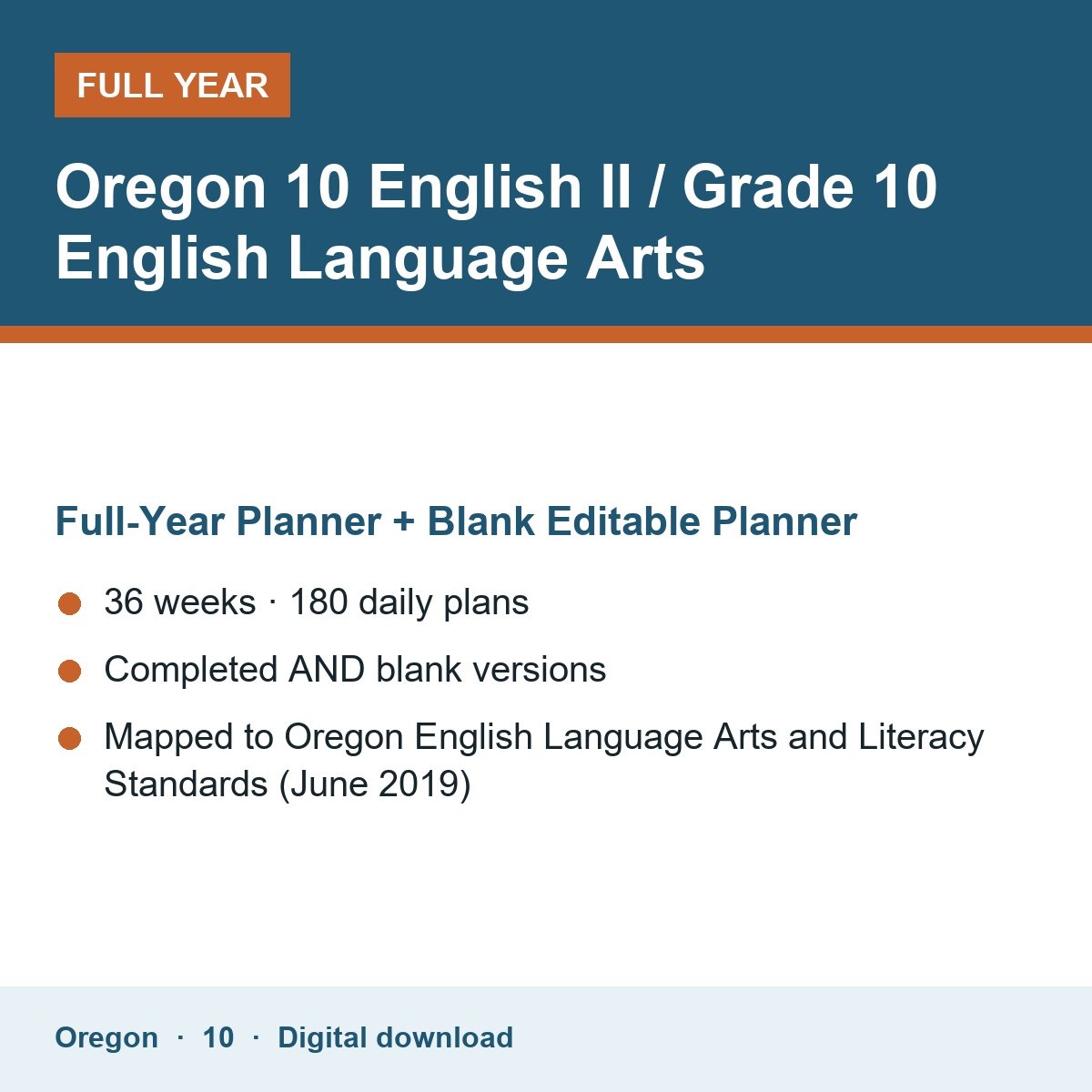 Cover of the Oregon Grade 10 English II / Grade 10 English Language Arts full-year teacher planner