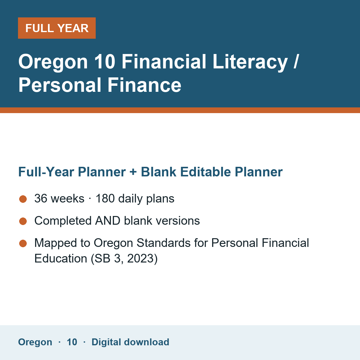Cover of the Oregon Grade 10 Financial Literacy / Personal Finance full-year teacher planner