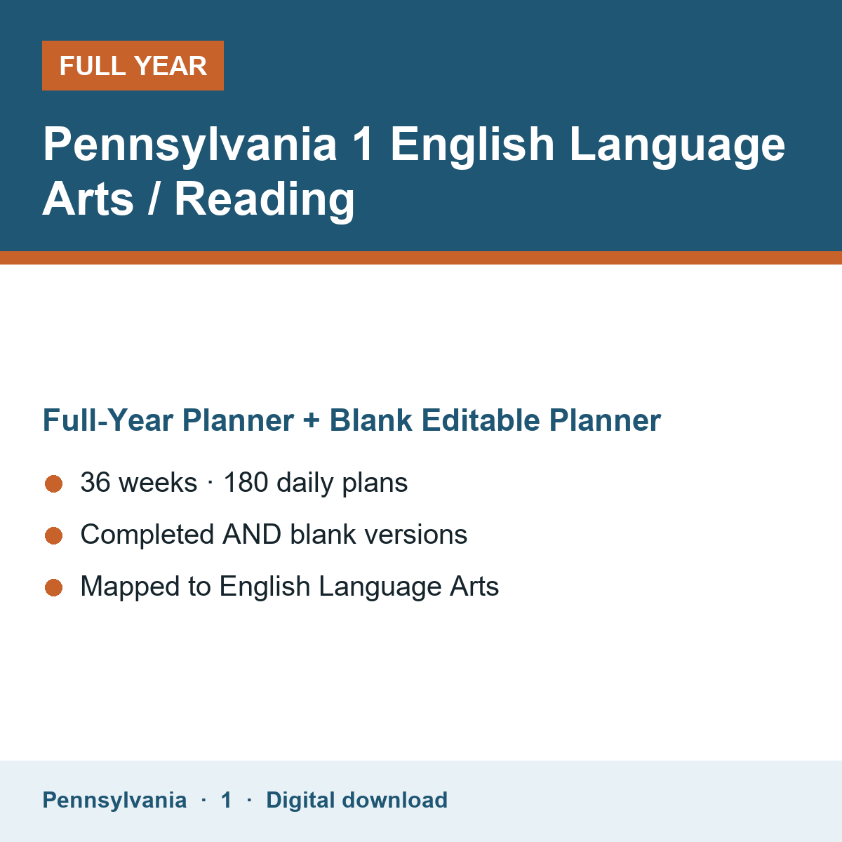Cover of the Pennsylvania Grade 1 English Language Arts / Reading full-year teacher planner