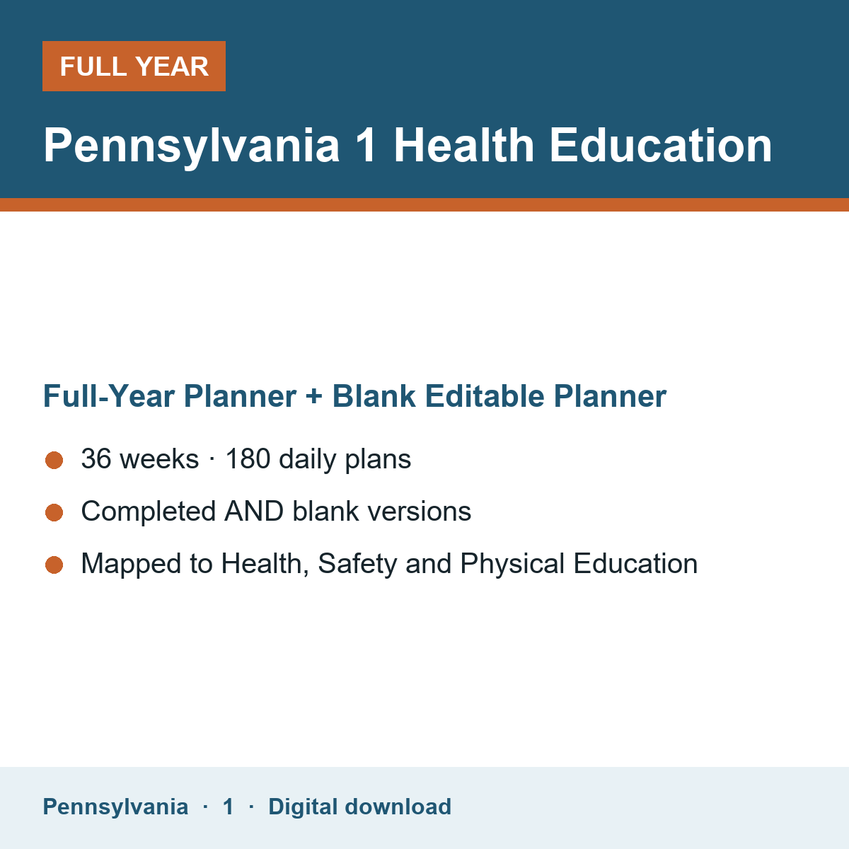 Cover of the Pennsylvania Grade 1 Health Education full-year teacher planner