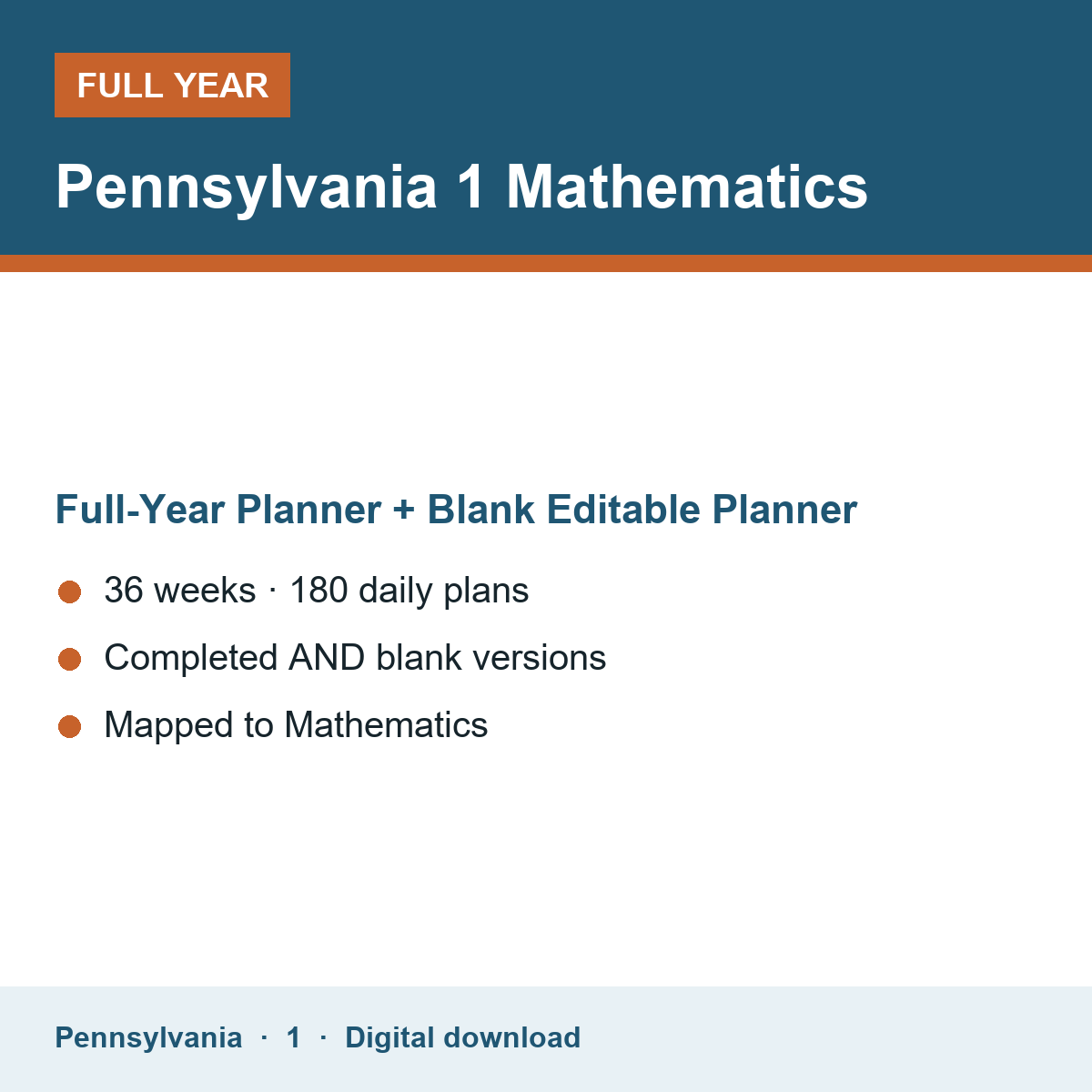 Cover of the Pennsylvania Grade 1 Mathematics full-year teacher planner