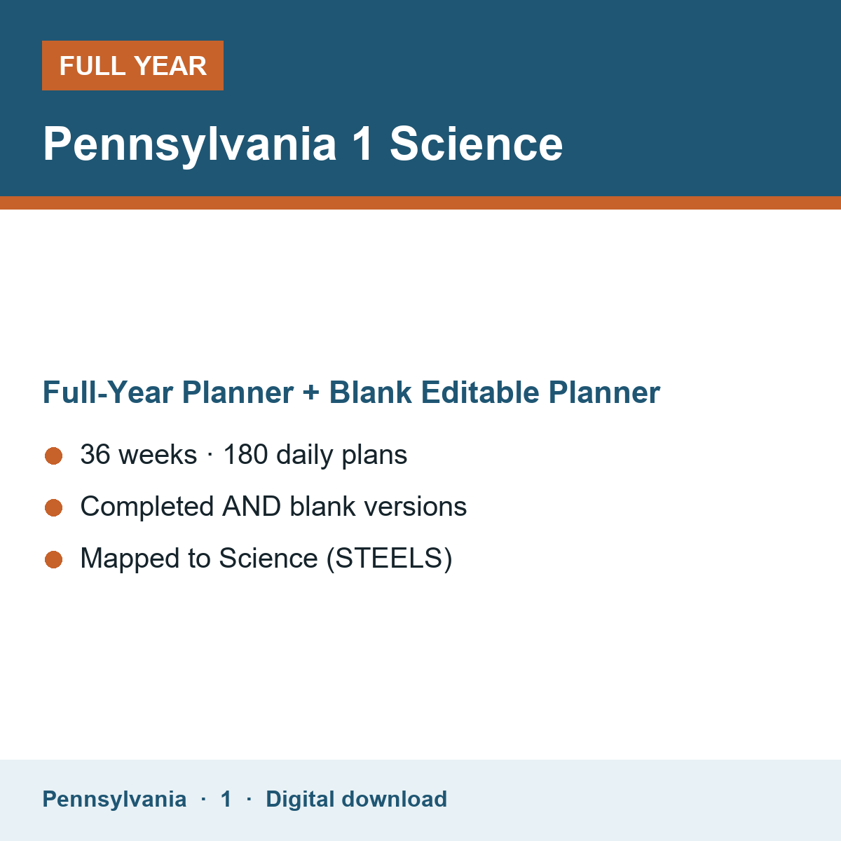 Cover of the Pennsylvania Grade 1 Science full-year teacher planner