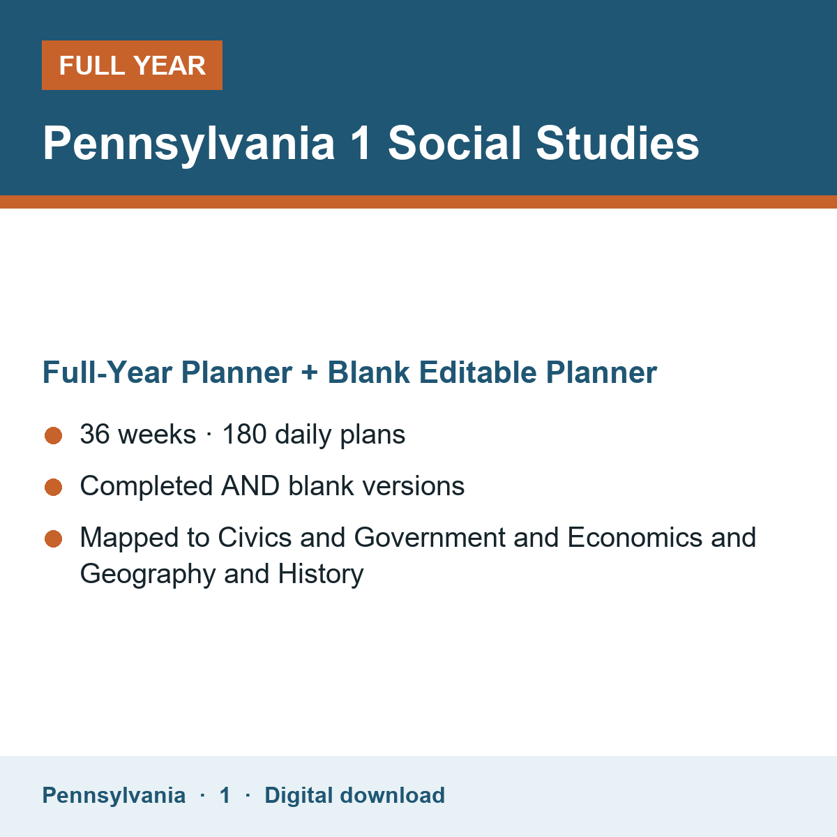 Cover of the Pennsylvania Grade 1 Social Studies full-year teacher planner