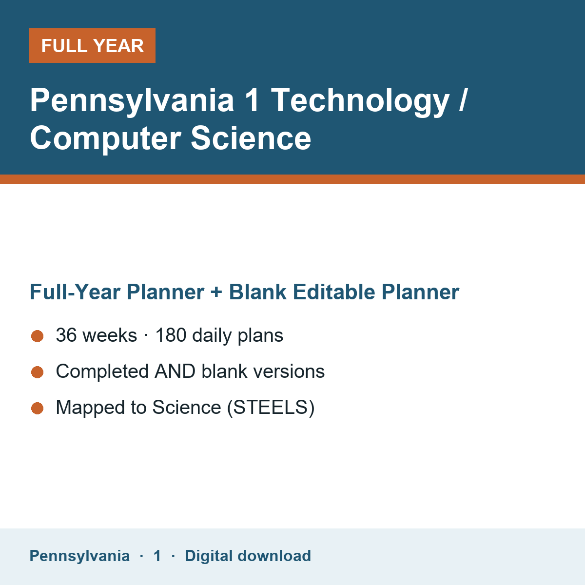 Cover of the Pennsylvania Grade 1 Technology / Computer Science full-year teacher planner