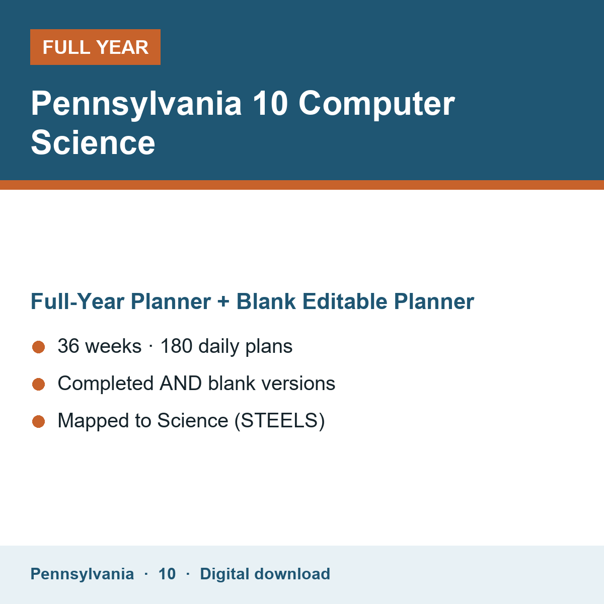 Cover of the Pennsylvania Grade 10 Computer Science full-year teacher planner