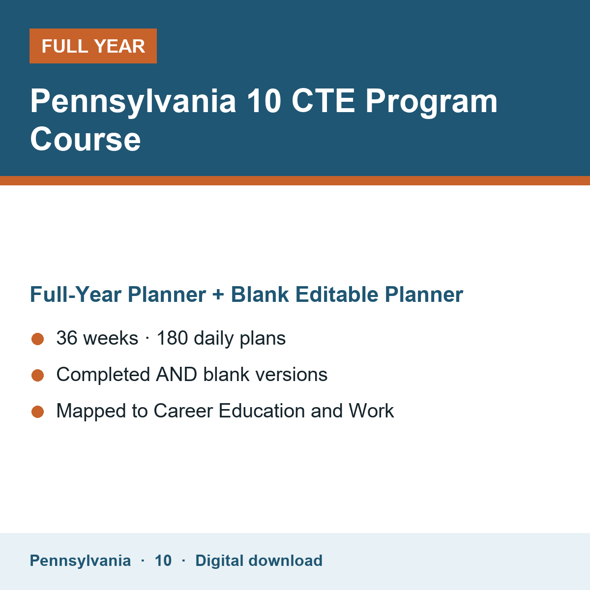Cover of the Pennsylvania Grade 10 CTE Program Course full-year teacher planner