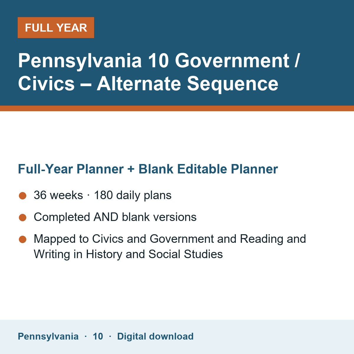 Cover of the Pennsylvania Grade 10 Government / Civics – Alternate Sequence full-year teacher planner