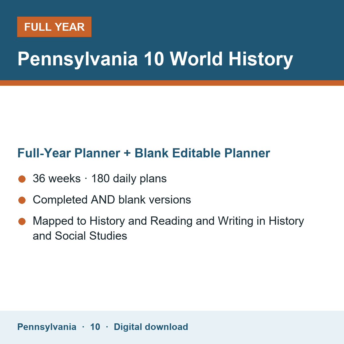 Cover of the Pennsylvania Grade 10 World History full-year teacher planner