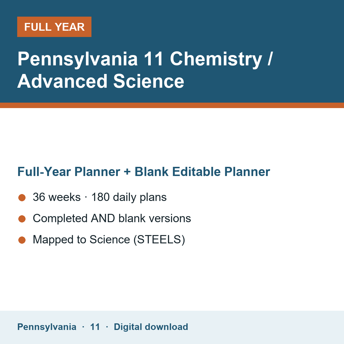 Cover of the Pennsylvania Grade 11 Chemistry / Advanced Science full-year teacher planner