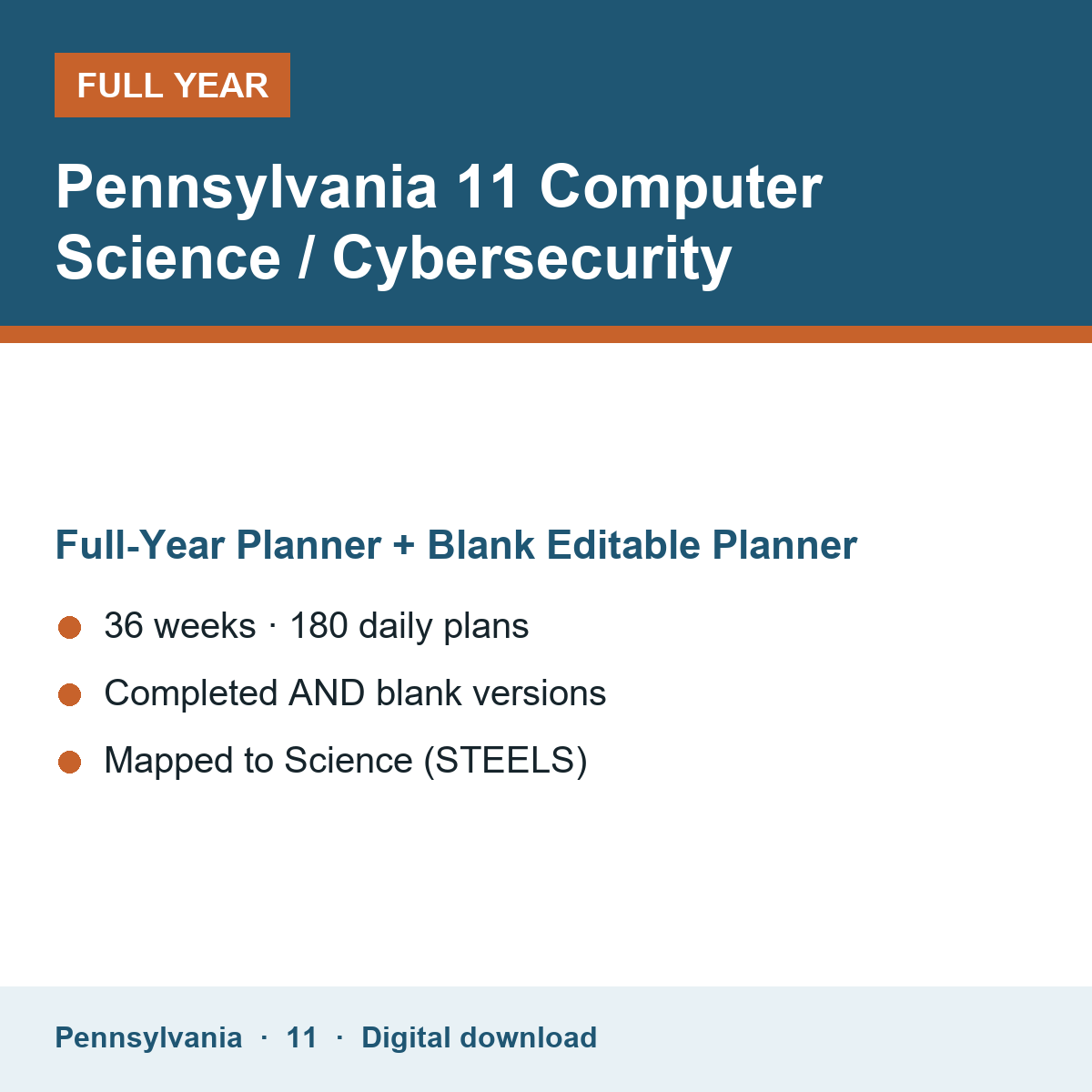 Cover of the Pennsylvania Grade 11 Computer Science / Cybersecurity full-year teacher planner