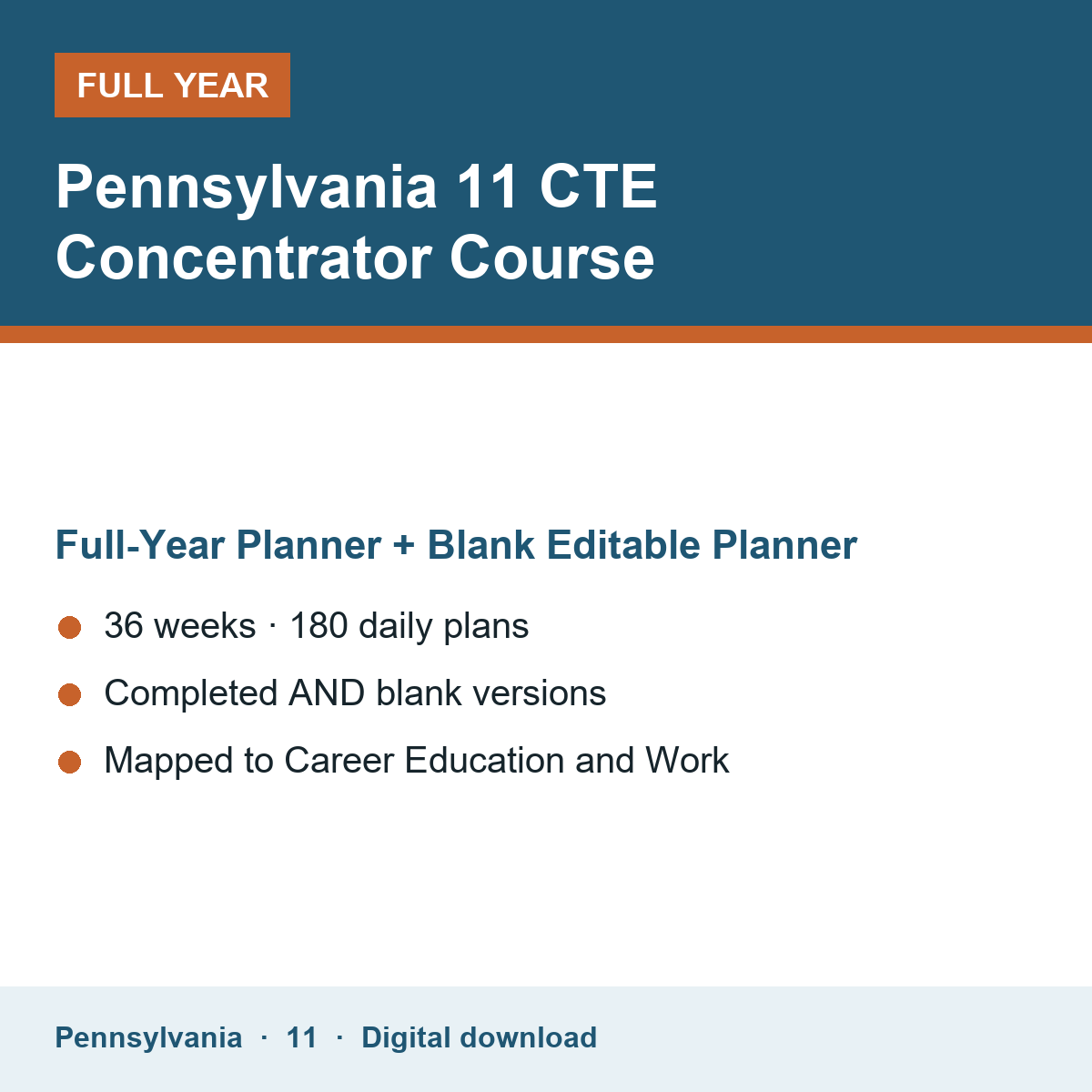 Cover of the Pennsylvania Grade 11 CTE Concentrator Course full-year teacher planner