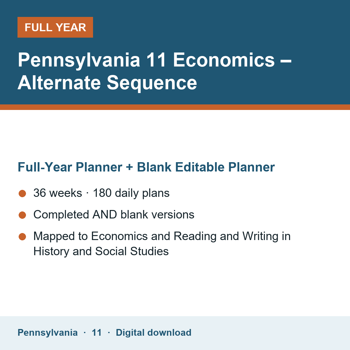 Cover of the Pennsylvania Grade 11 Economics – Alternate Sequence full-year teacher planner