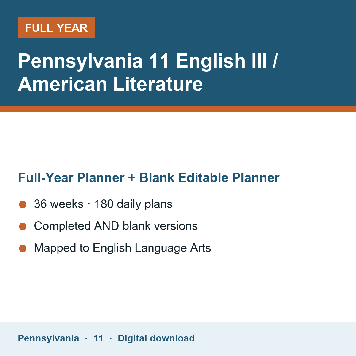 Cover of the Pennsylvania Grade 11 English III / American Literature full-year teacher planner