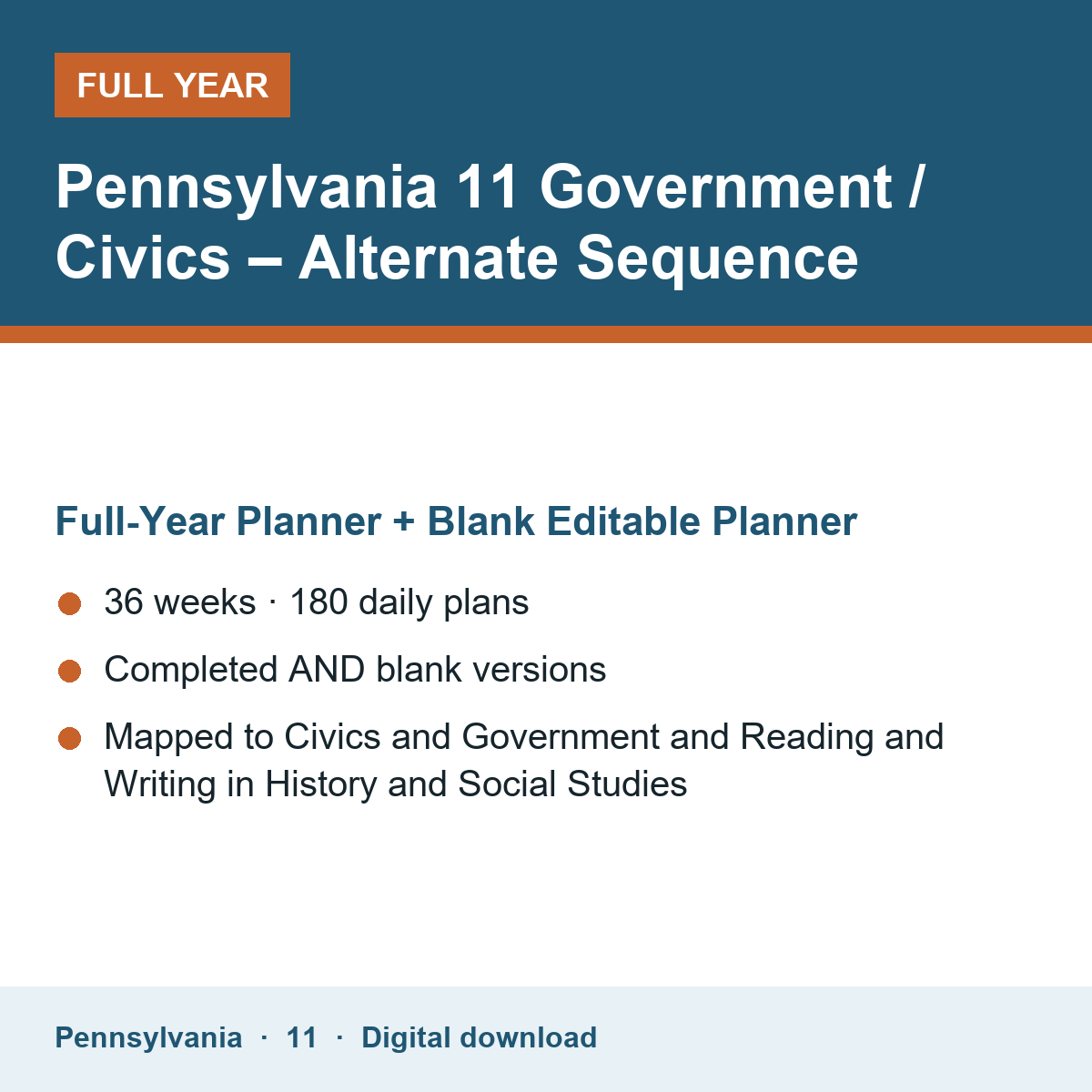 Cover of the Pennsylvania Grade 11 Government / Civics – Alternate Sequence full-year teacher planner