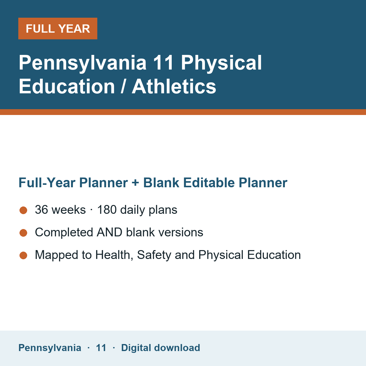 Cover of the Pennsylvania Grade 11 Physical Education / Athletics full-year teacher planner
