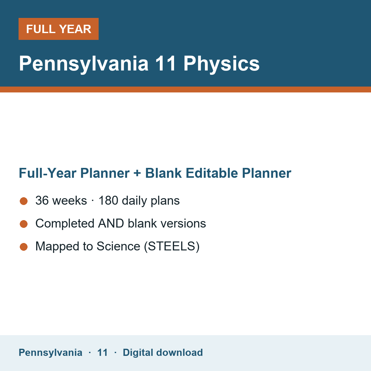 Cover of the Pennsylvania Grade 11 Physics full-year teacher planner
