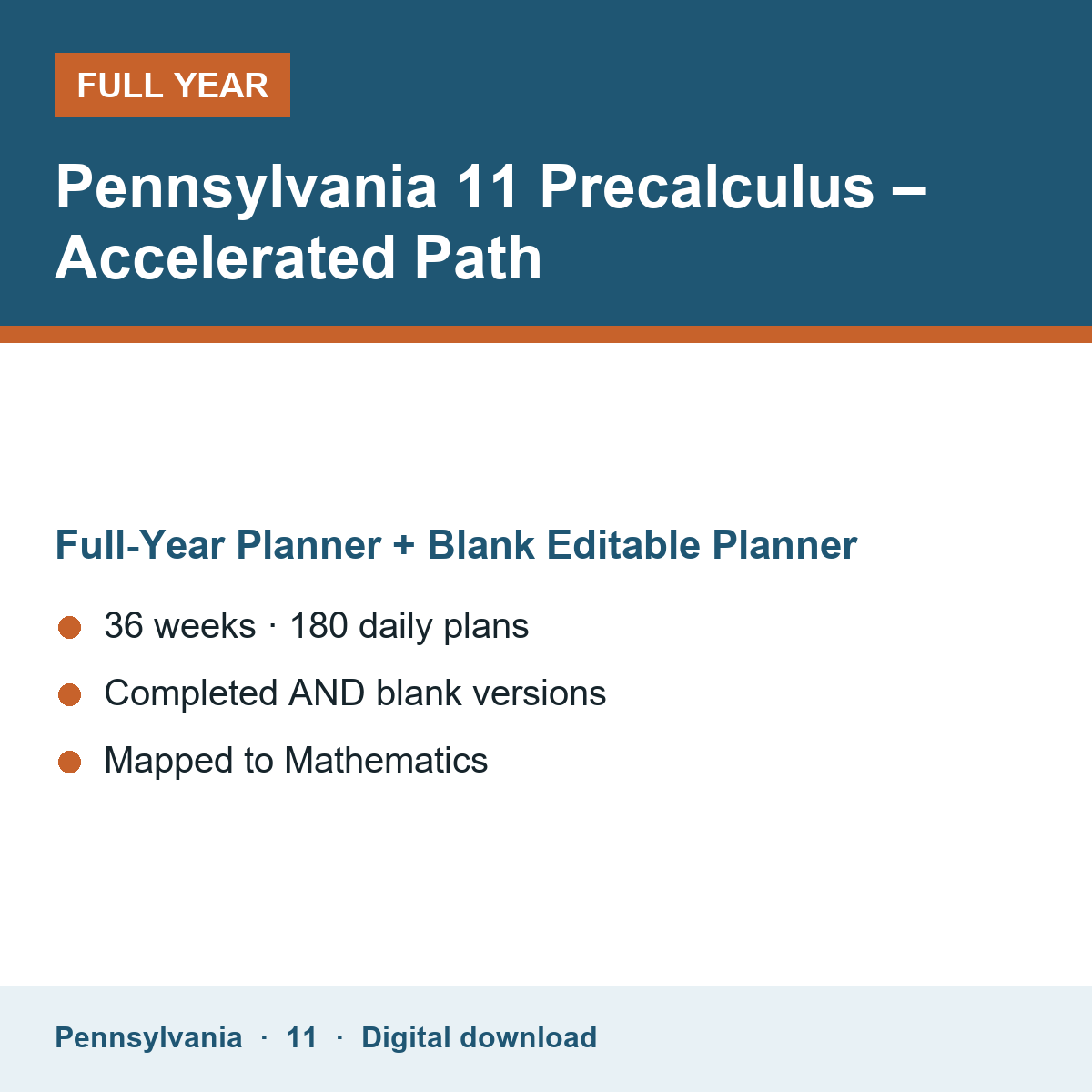 Cover of the Pennsylvania Grade 11 Precalculus – Accelerated Path full-year teacher planner