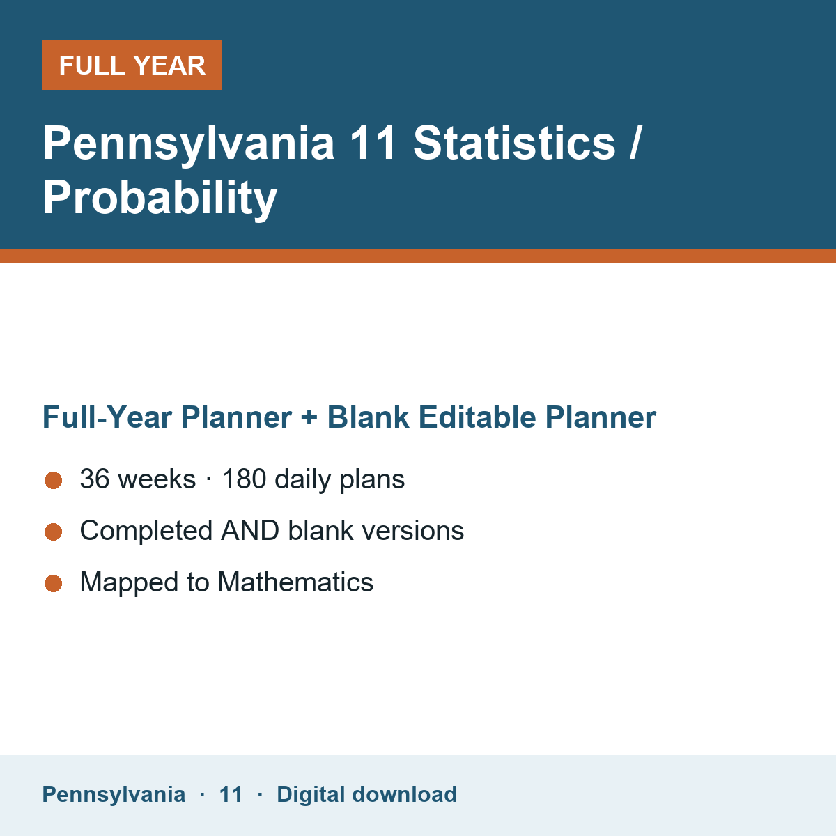 Cover of the Pennsylvania Grade 11 Statistics / Probability full-year teacher planner