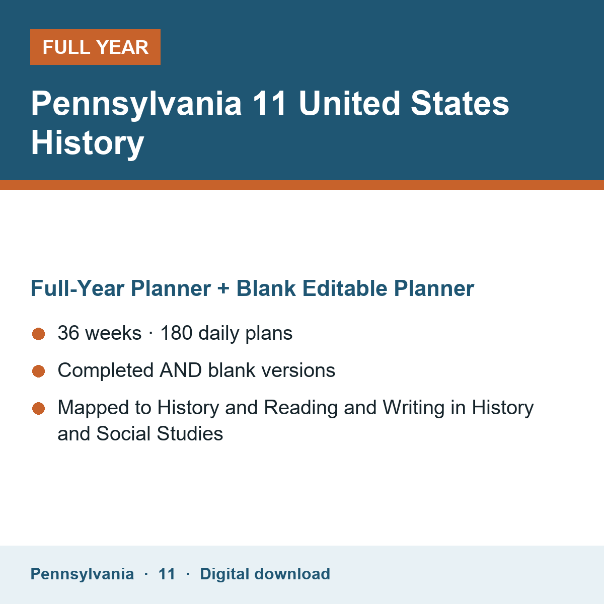 Cover of the Pennsylvania Grade 11 United States History full-year teacher planner