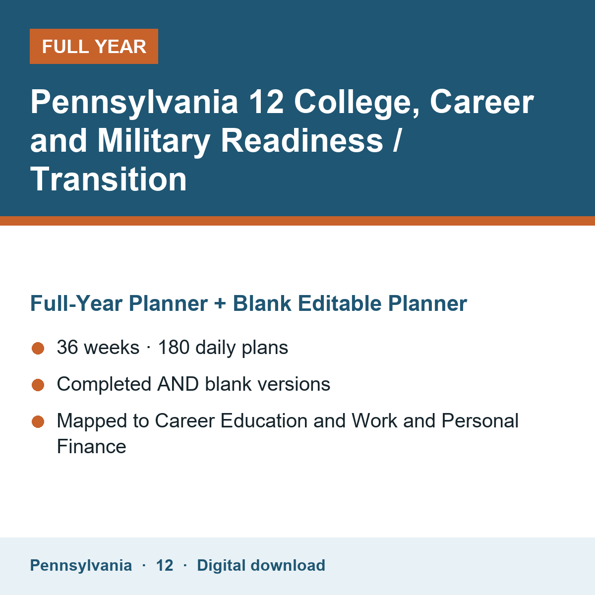 Cover of the Pennsylvania Grade 12 College, Career and Military Readiness / Transition full-year teacher planner