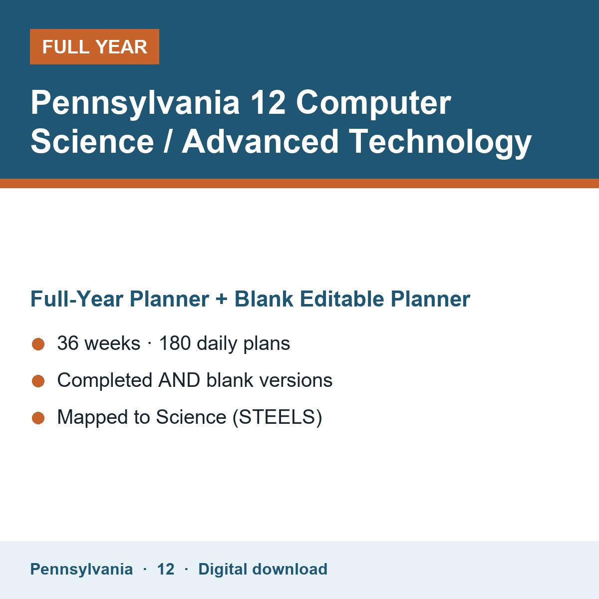 Cover of the Pennsylvania Grade 12 Computer Science / Advanced Technology full-year teacher planner