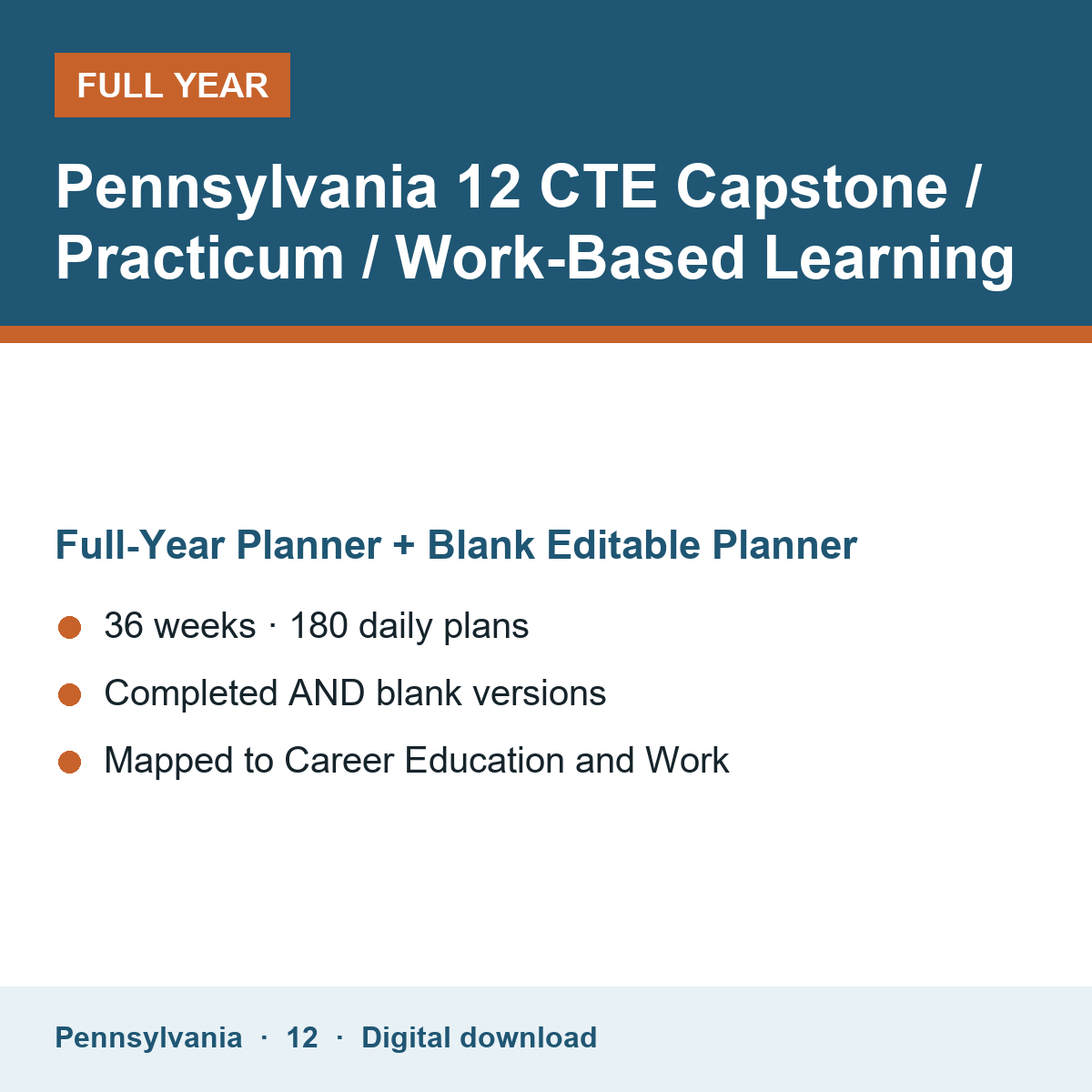 Cover of the Pennsylvania Grade 12 CTE Capstone / Practicum / Work-Based Learning full-year teacher planner