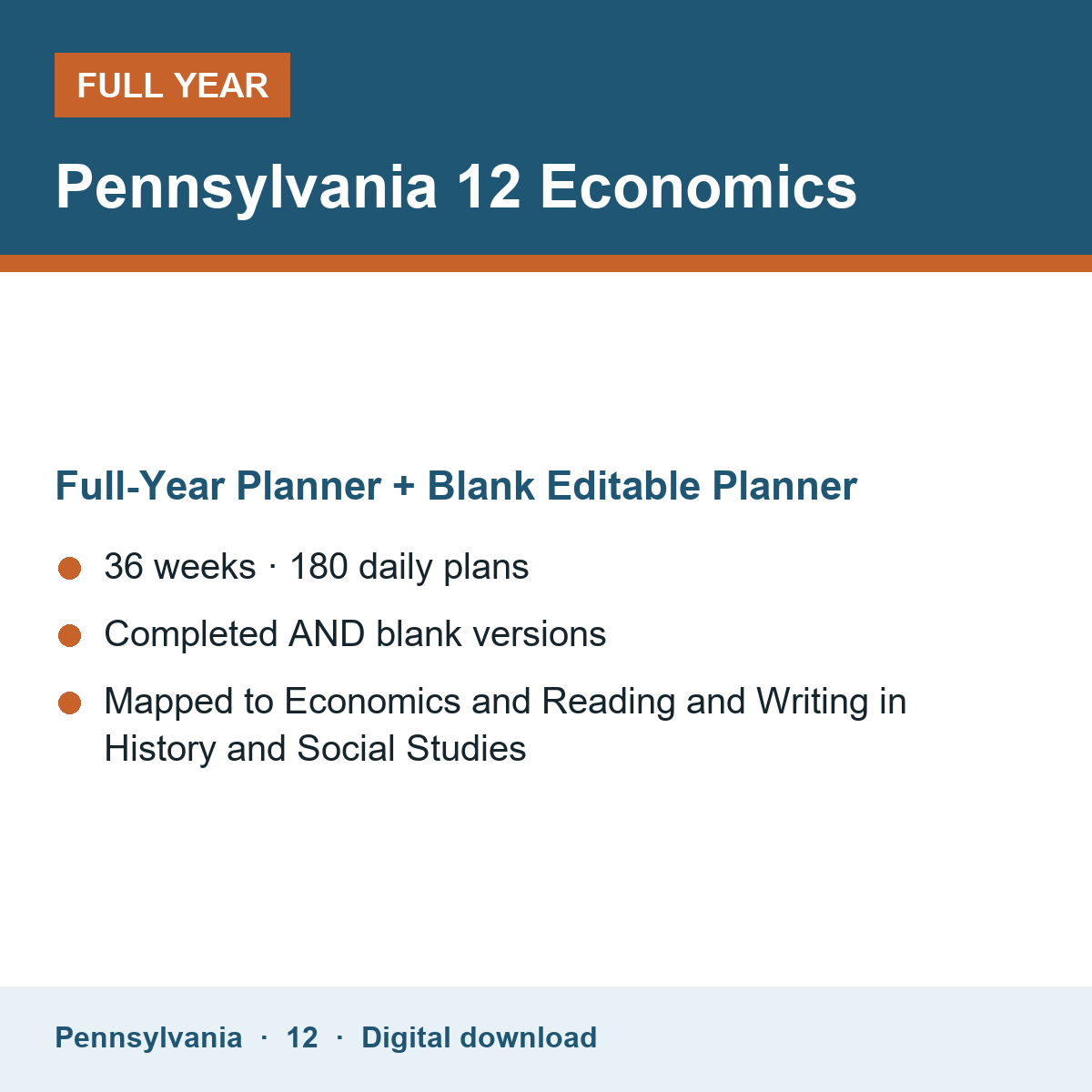 Cover of the Pennsylvania Grade 12 Economics full-year teacher planner