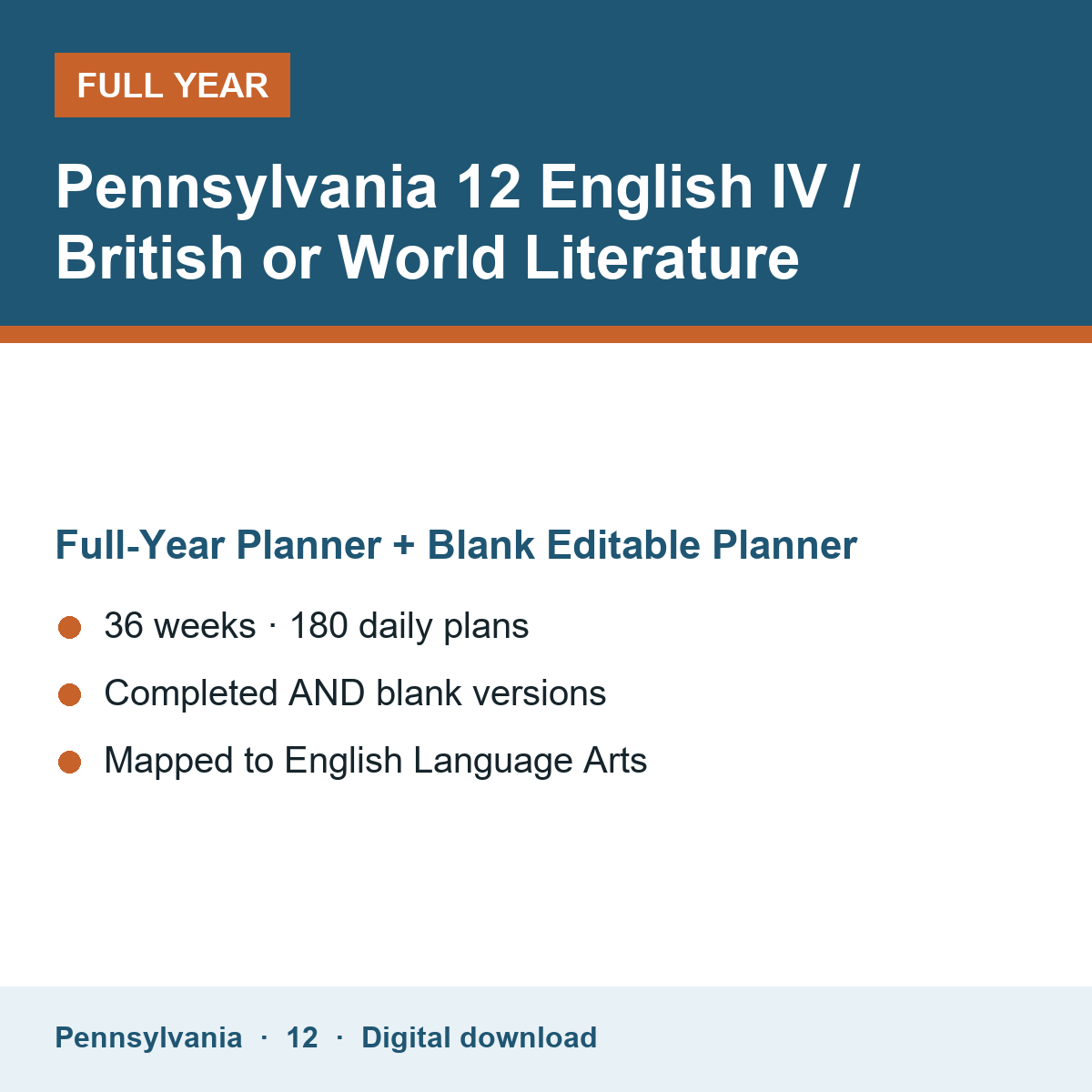 Cover of the Pennsylvania Grade 12 English IV / British or World Literature full-year teacher planner