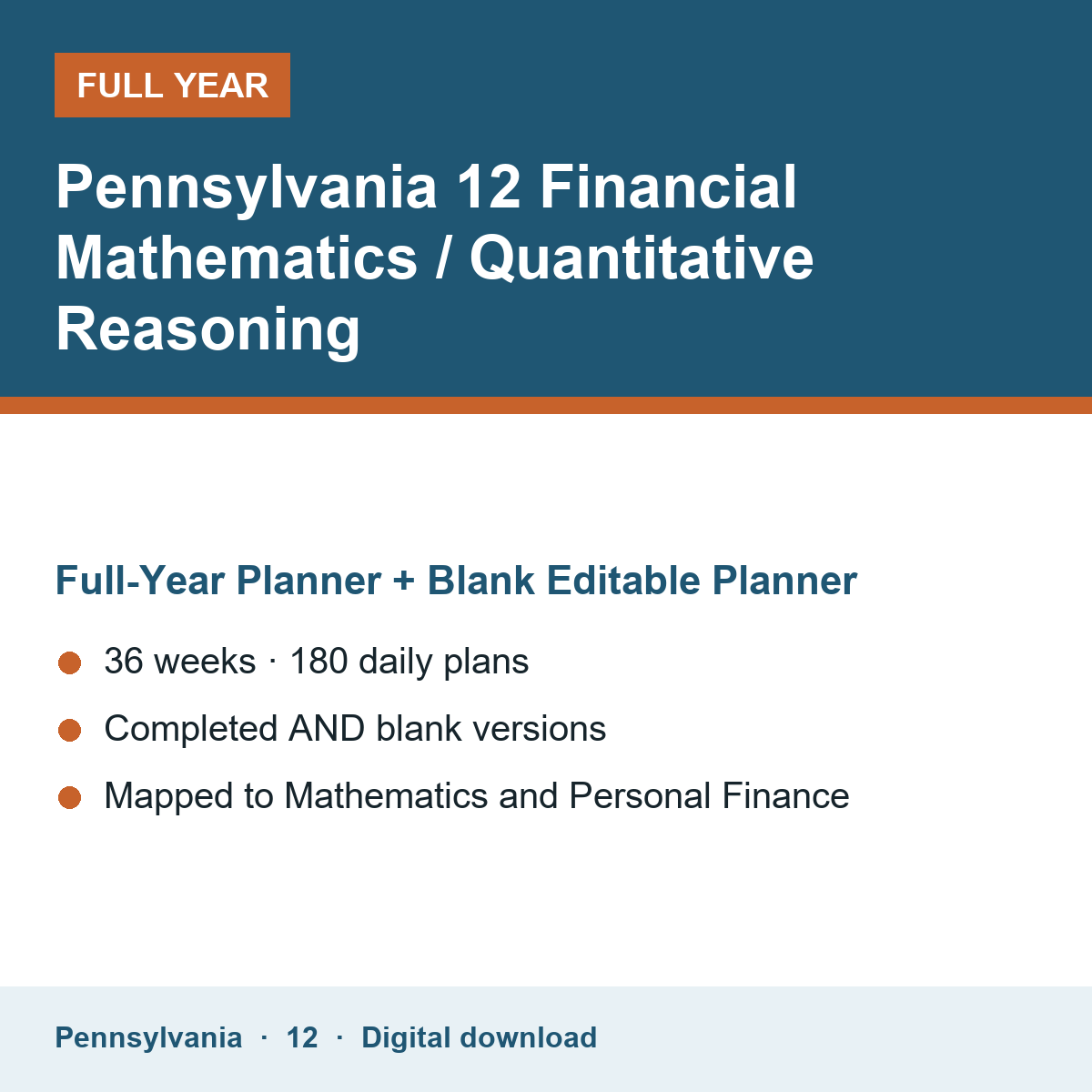 Cover of the Pennsylvania Grade 12 Financial Mathematics / Quantitative Reasoning full-year teacher planner