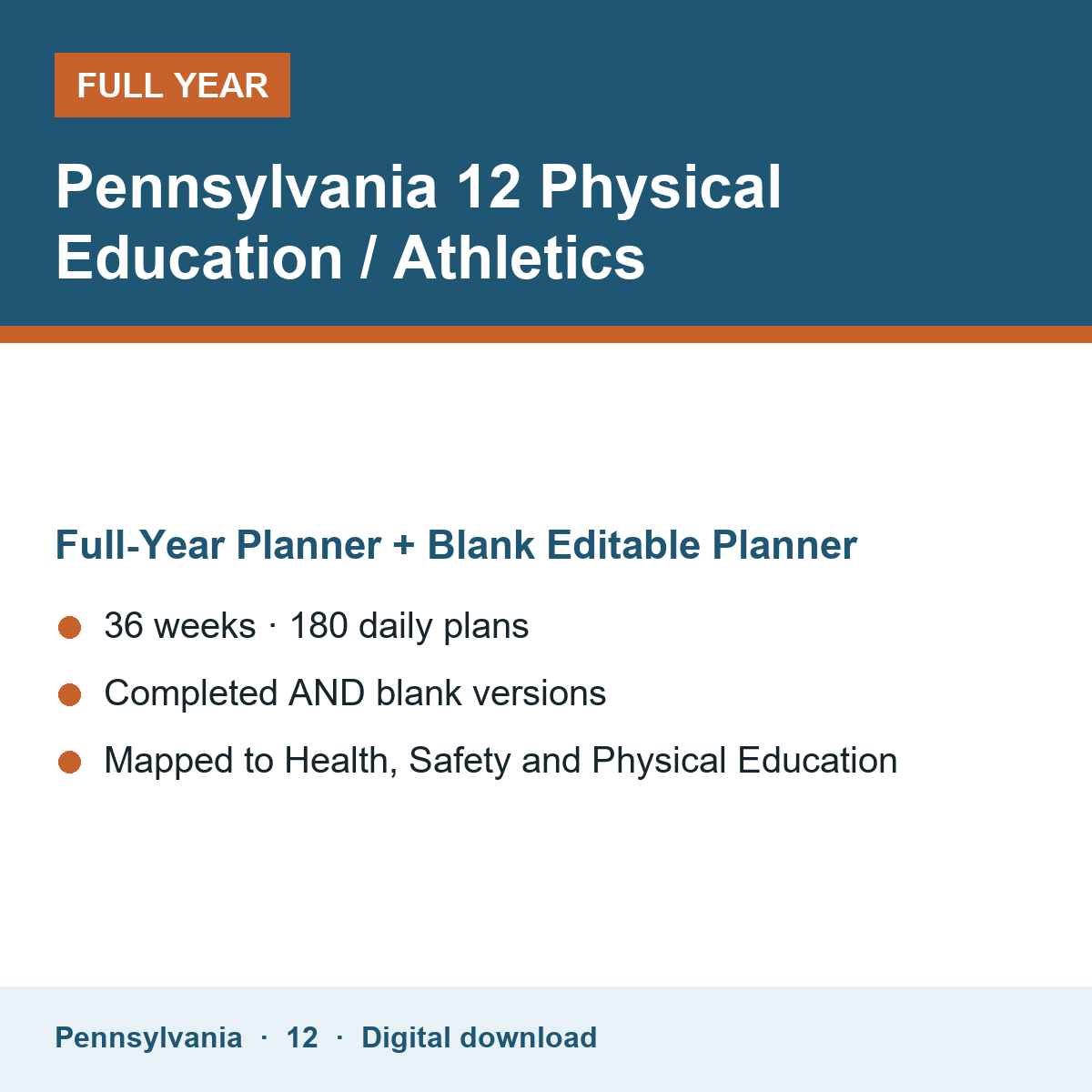 Cover of the Pennsylvania Grade 12 Physical Education / Athletics full-year teacher planner