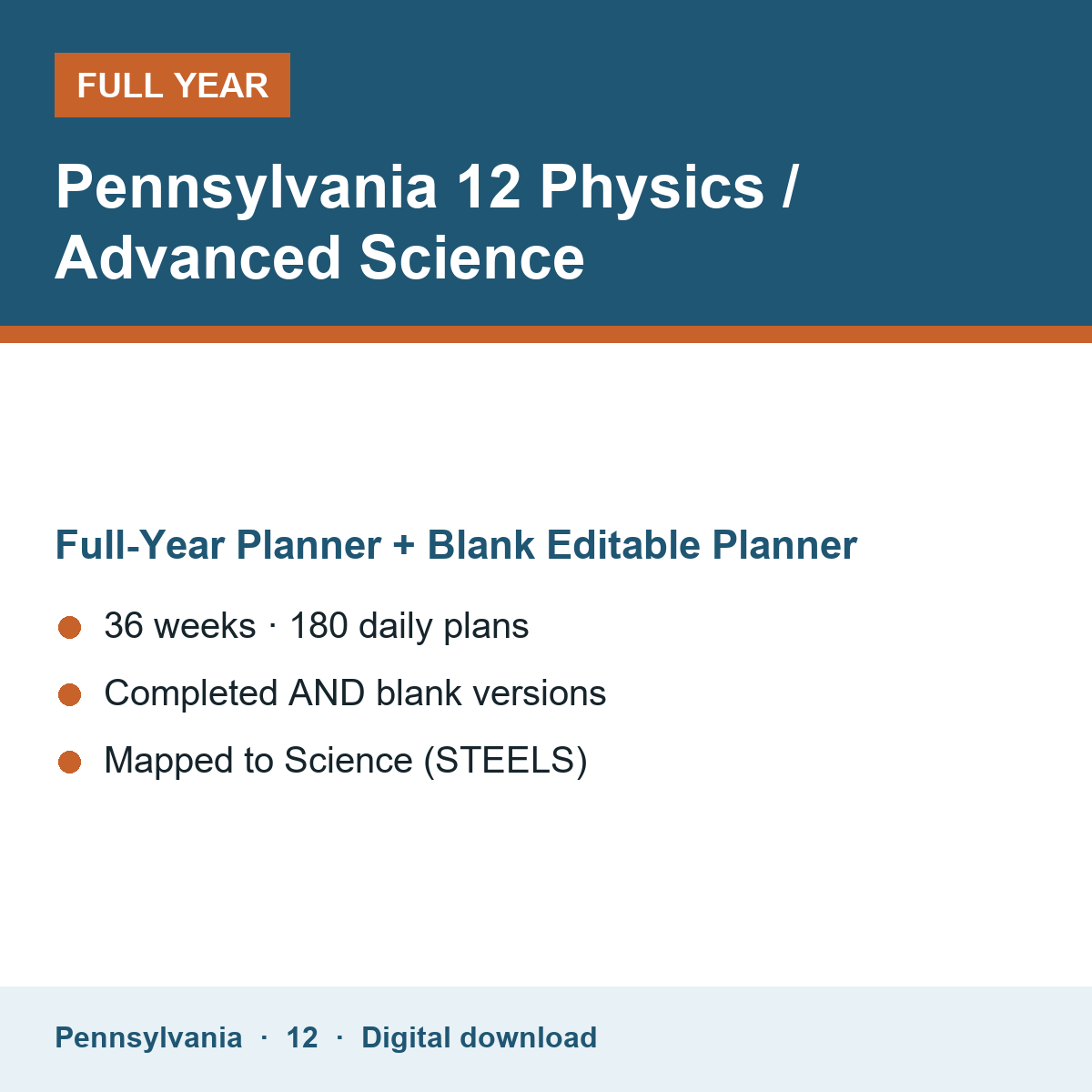 Cover of the Pennsylvania Grade 12 Physics / Advanced Science full-year teacher planner