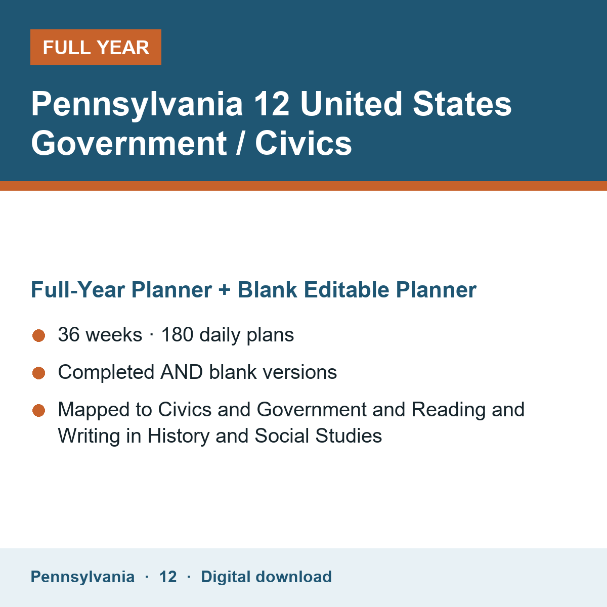 Cover of the Pennsylvania Grade 12 United States Government / Civics full-year teacher planner