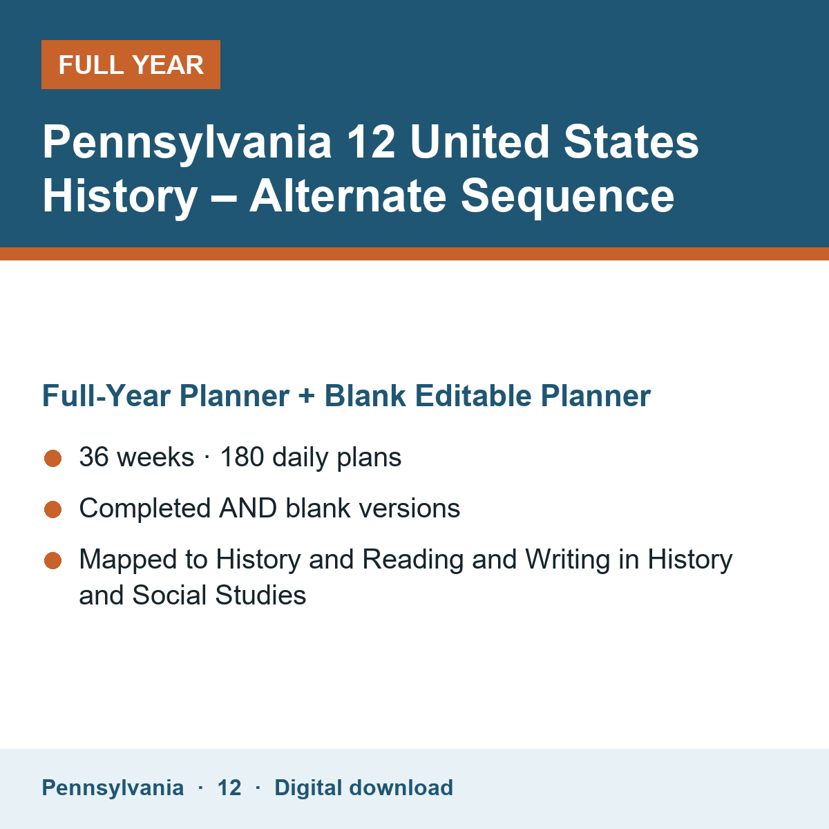 Cover of the Pennsylvania Grade 12 United States History – Alternate Sequence full-year teacher planner