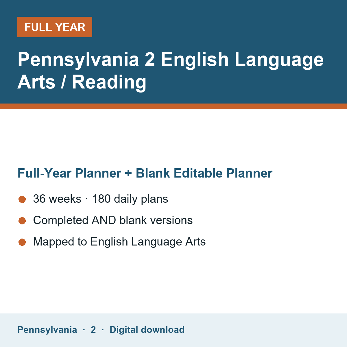 Cover of the Pennsylvania Grade 2 English Language Arts / Reading full-year teacher planner