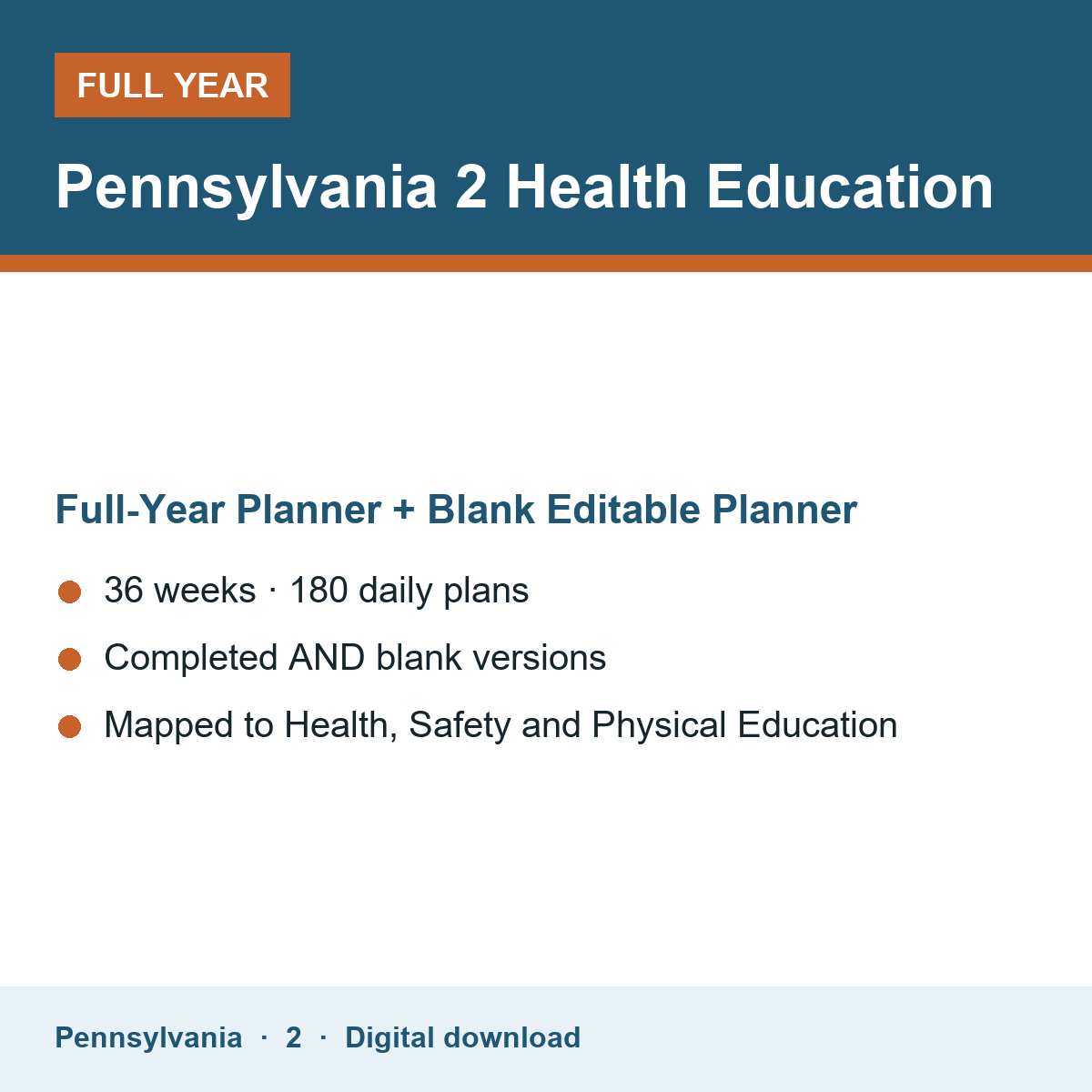 Cover of the Pennsylvania Grade 2 Health Education full-year teacher planner