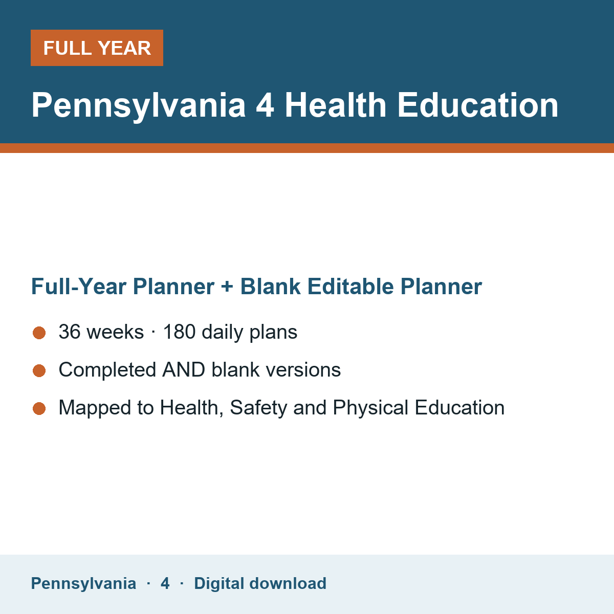 Cover of the Pennsylvania Grade 4 Health Education full-year teacher planner
