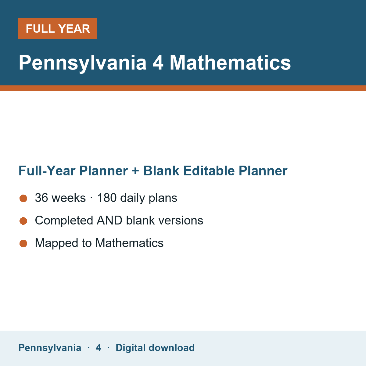 Cover of the Pennsylvania Grade 4 Mathematics full-year teacher planner