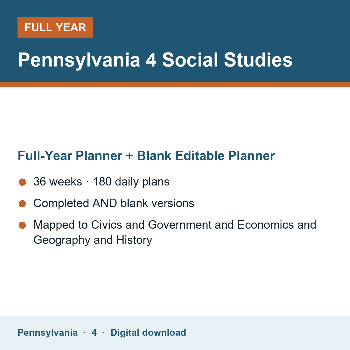 Cover of the Pennsylvania Grade 4 Social Studies full-year teacher planner