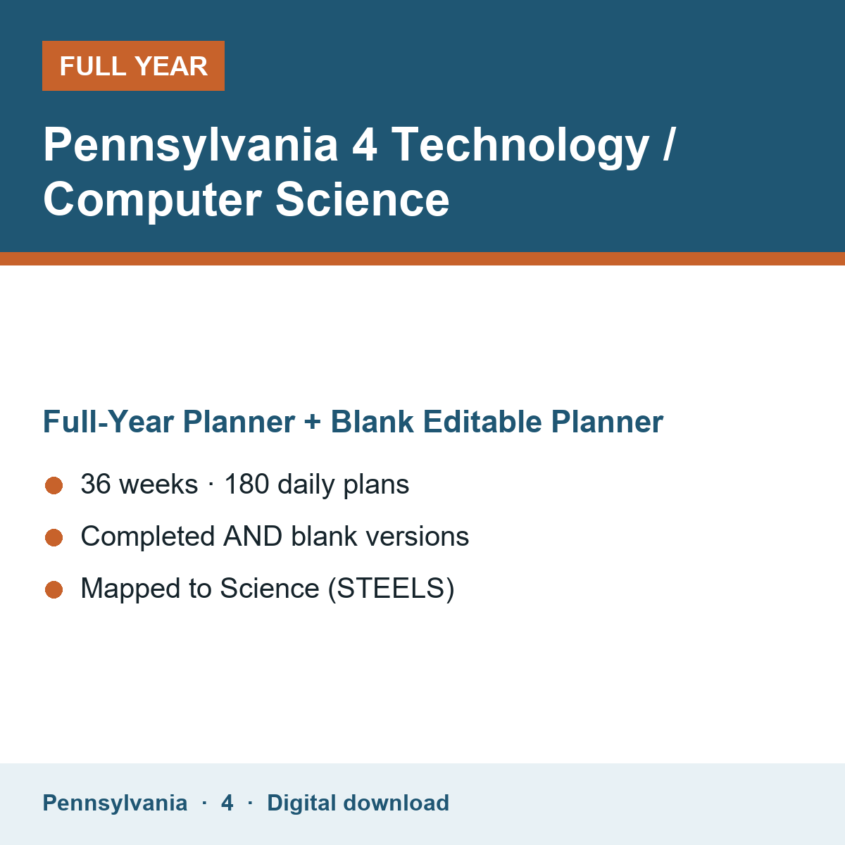 Cover of the Pennsylvania Grade 4 Technology / Computer Science full-year teacher planner