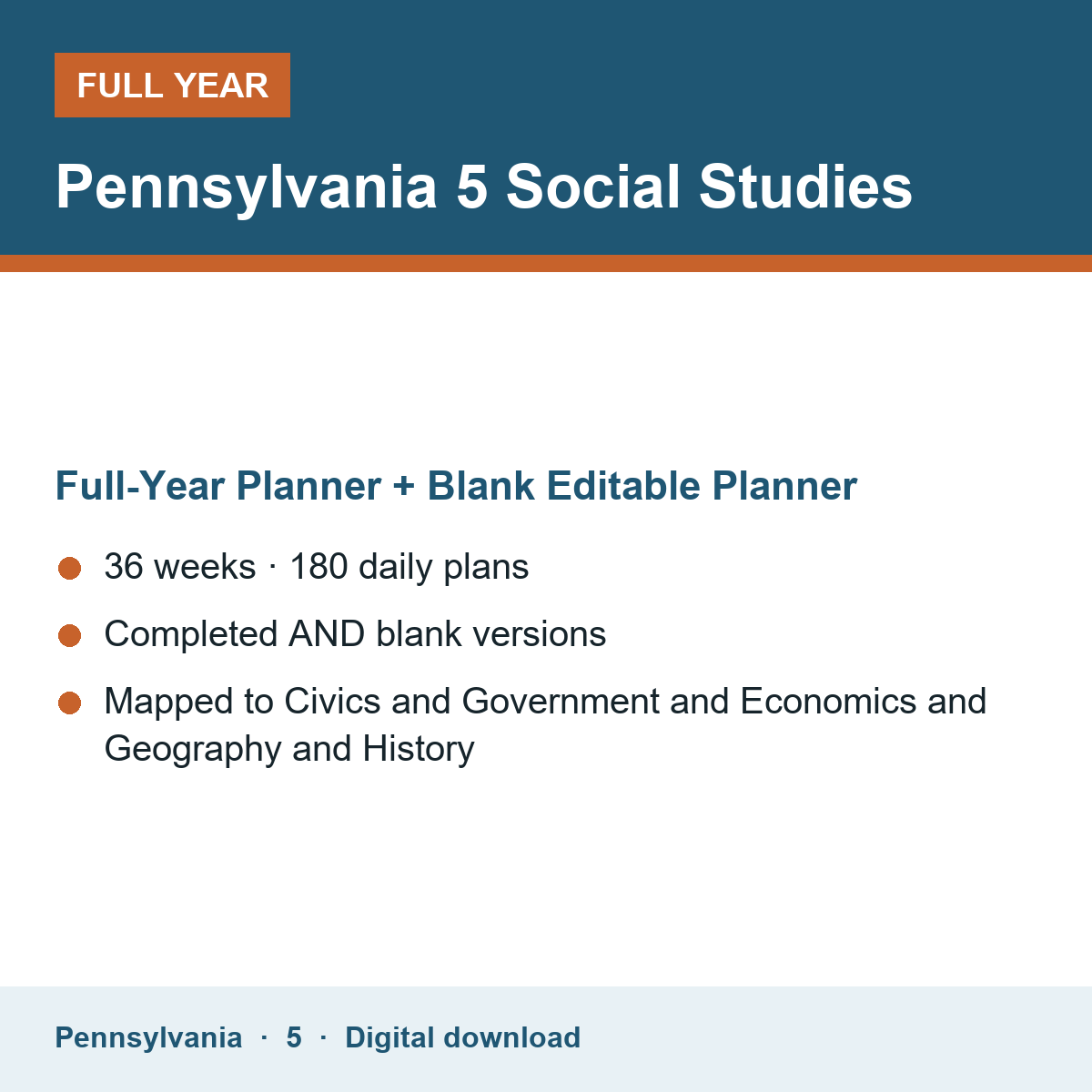 Cover of the Pennsylvania Grade 5 Social Studies full-year teacher planner