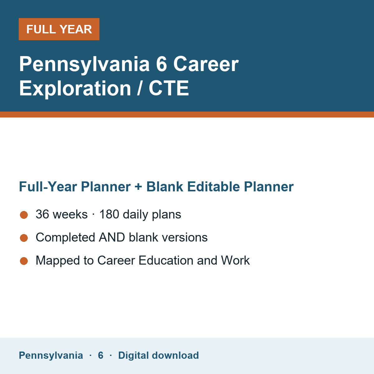 Cover of the Pennsylvania Grade 6 Career Exploration / CTE full-year teacher planner
