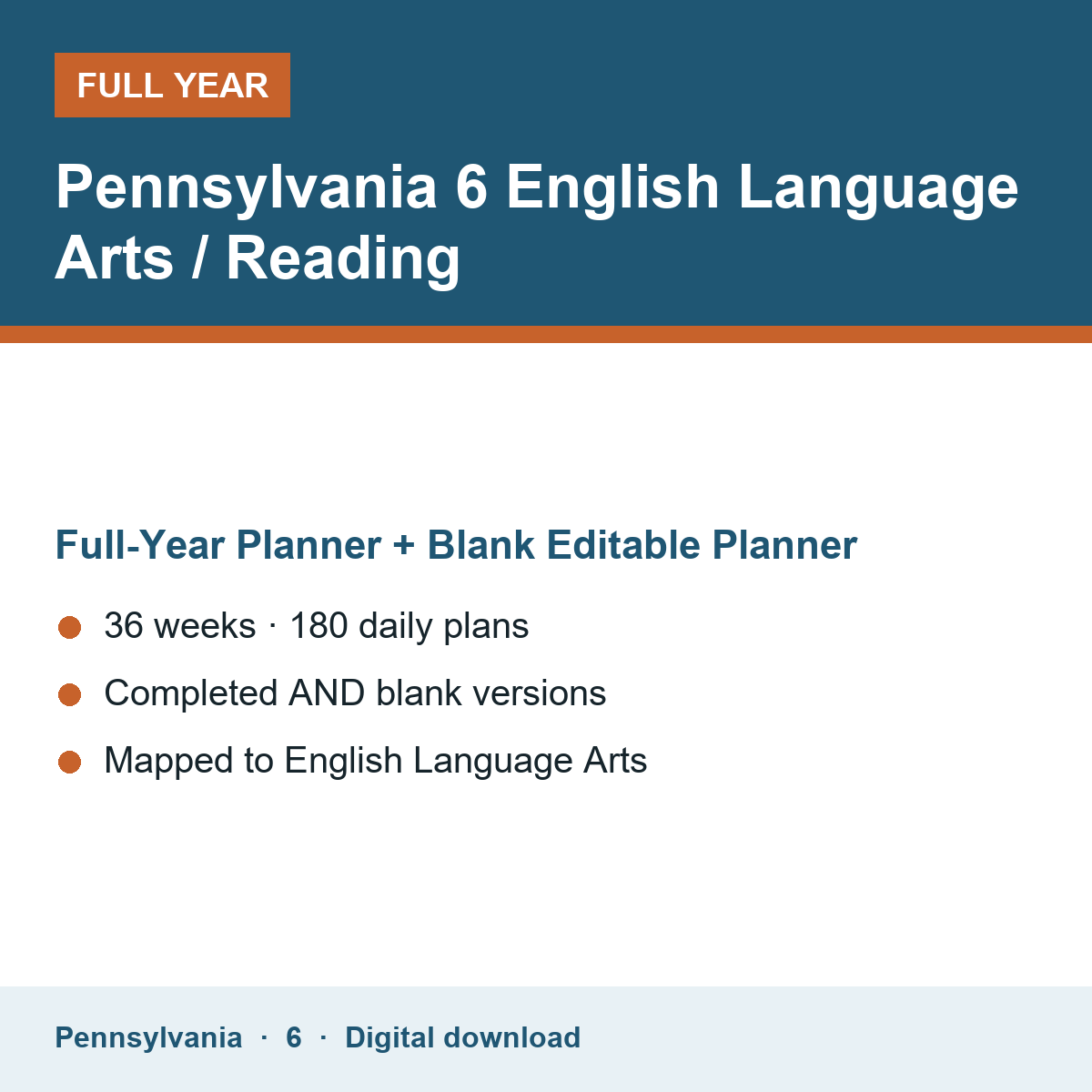 Cover of the Pennsylvania Grade 6 English Language Arts / Reading full-year teacher planner